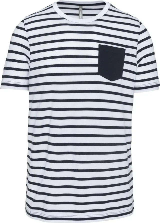 Kariban csíkos férfi rövid ujjú zsebes tengerész póló (K378), Striped White/Piros színben