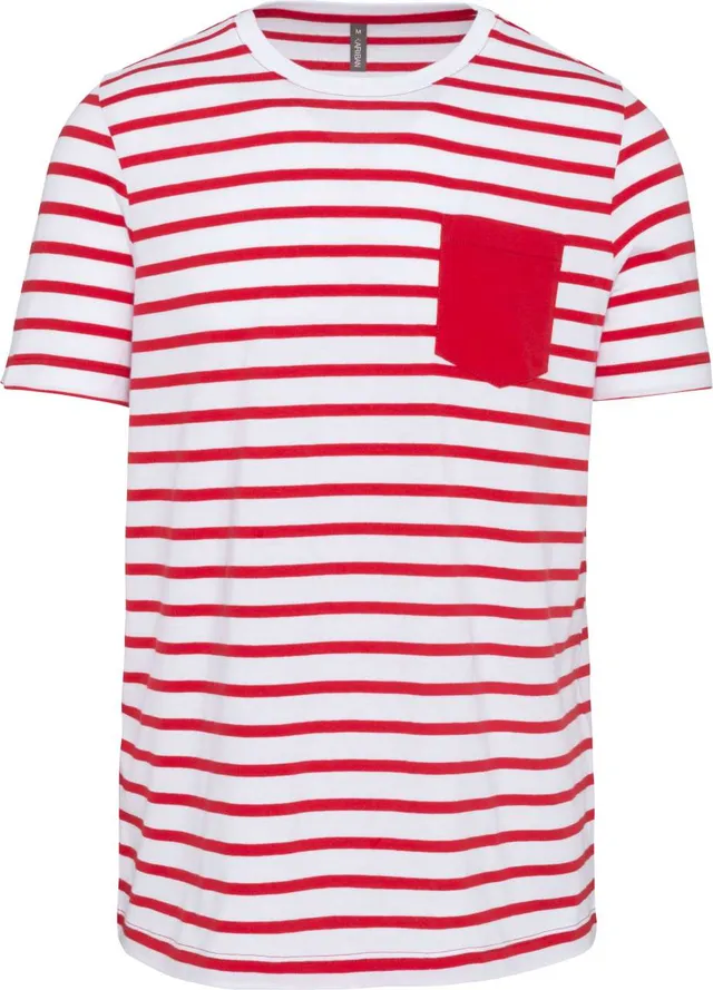 Kariban csíkos férfi rövid ujjú zsebes tengerész póló (K378), Striped White/Piros színben
