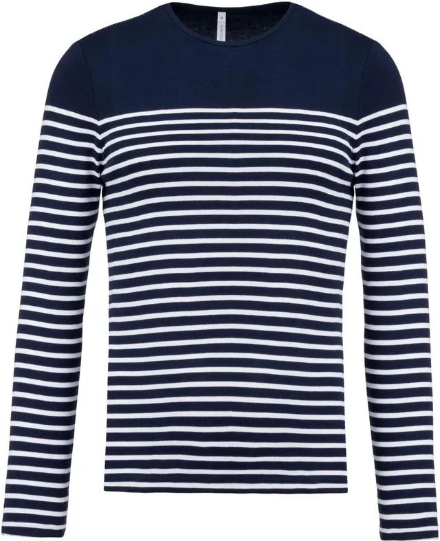 Kariban férfi hosszú ujjú Breton csíkos felső (K366), Striped Navy/Fehér színben
