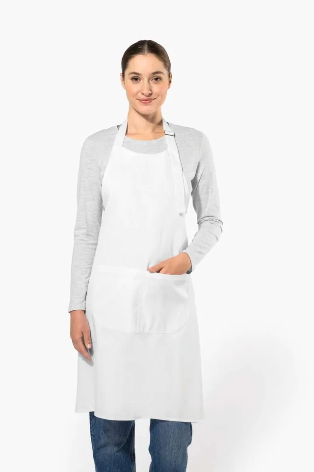 Kariban magas hőfokon mosható Polycotton kötény (K8010), modellen