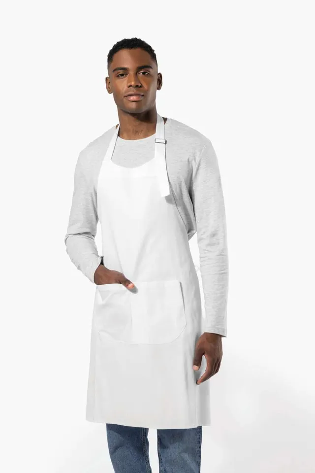 Kariban magas hőfokon mosható Polycotton kötény (K8010), modellen