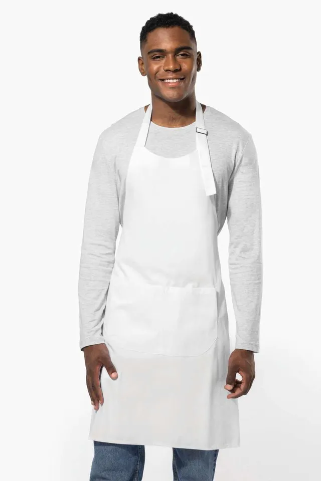 Kariban magas hőfokon mosható Polycotton kötény (K8010), modellen