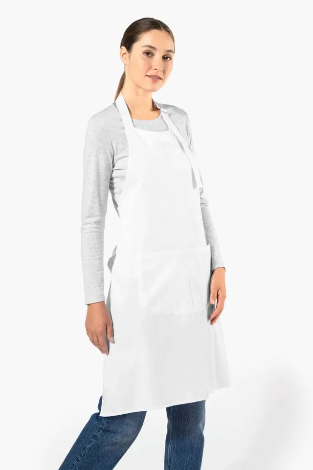 Kariban magas hőfokon mosható Polycotton kötény (K8010), modellen