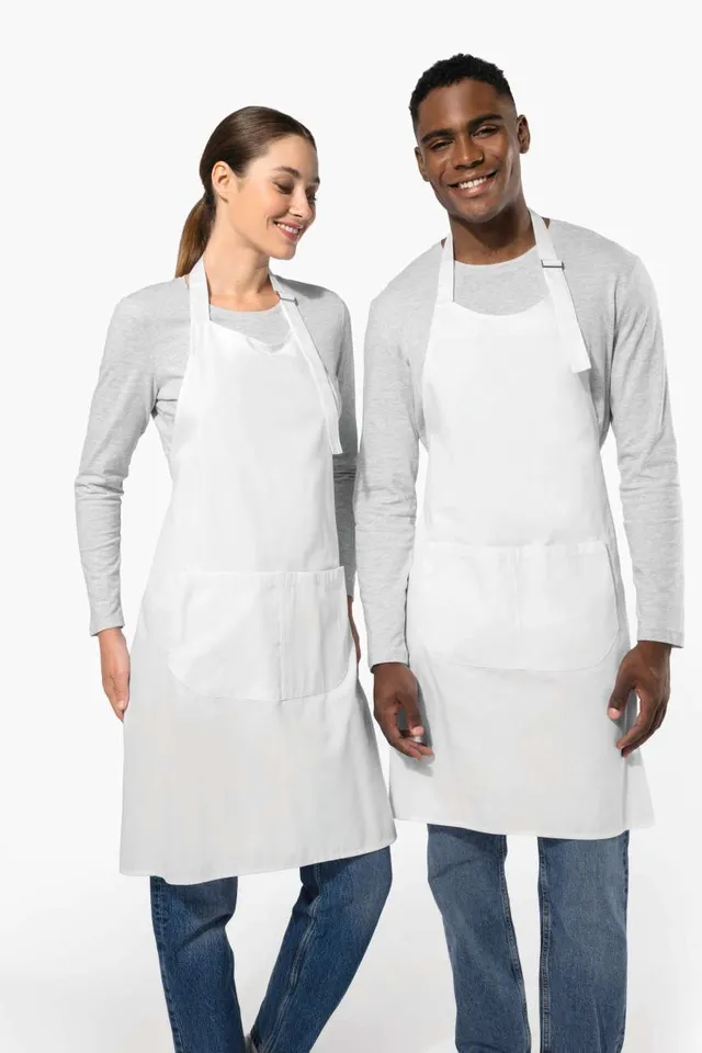 Kariban magas hőfokon mosható Polycotton kötény (K8010), modellen