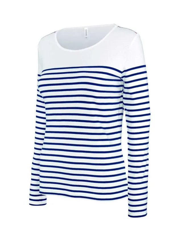 Kariban női hosszú ujjú Breton csíkos felső (K386), Striped White/Sötétkék színben