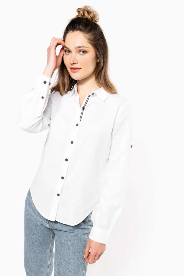 Kariban női hosszú ujjú Len és pamut ing (K589), modellen
