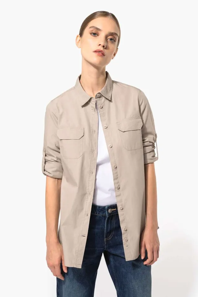 Kariban női hosszú ujjú Safari ing (K591), modellen