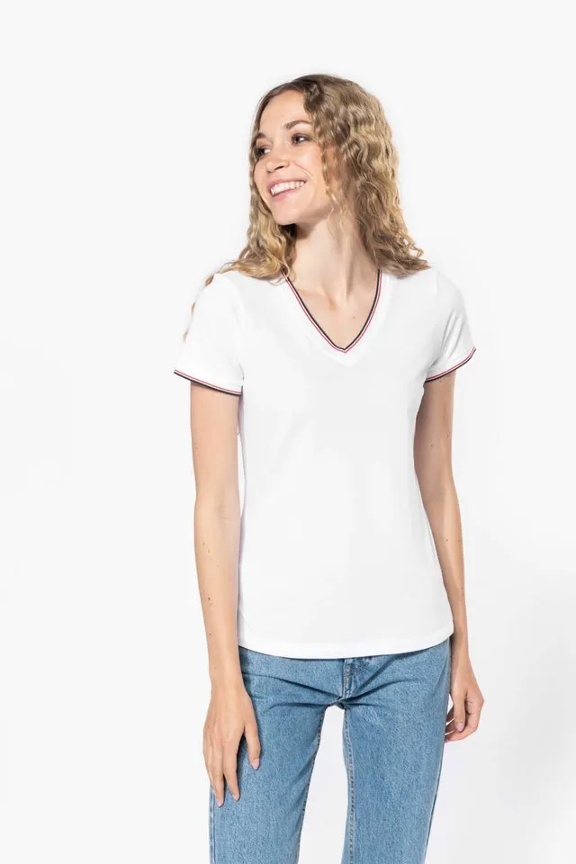 Kariban női V-nyakú piké póló (K394), modellen