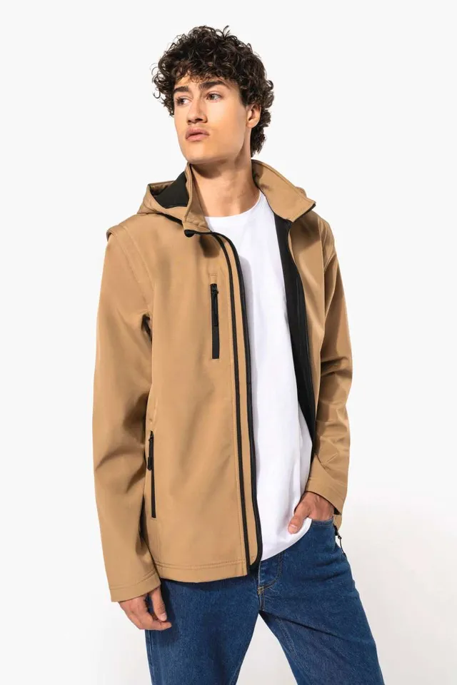 Kariban uniszex 3 rétegű softshell kapucnis kabát levehető ujjakkal (K422), modellen