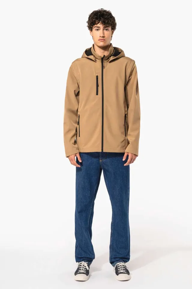 Kariban uniszex 3 rétegű softshell kapucnis kabát levehető ujjakkal (K422), modellen