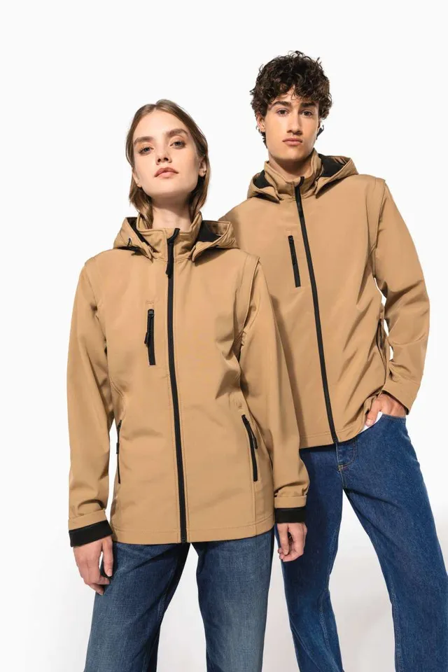 Kariban uniszex 3 rétegű softshell kapucnis kabát levehető ujjakkal (K422), modellen