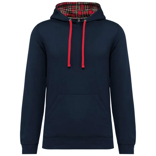 Kariban uniszex kontrasztos mintájú kapucnis pulóver (K4013), Sötétkék/Red Tartan színben