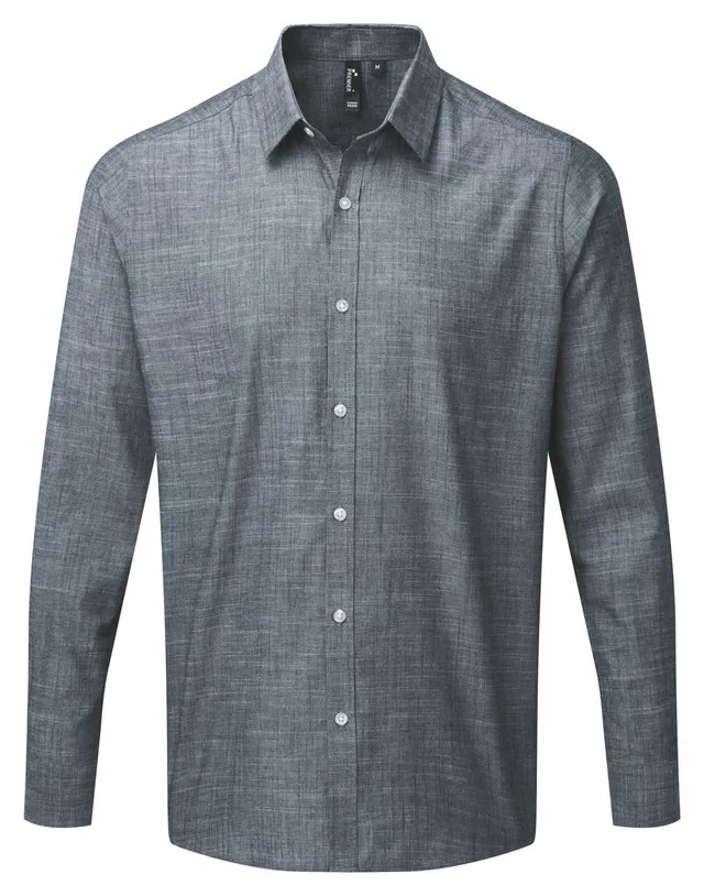 Premier férfi hosszú ujjú, strukturált pamut Chambray ing (PR245), modellen