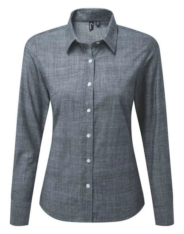 Premier női hosszú ujjú strukturált pamut Chambray ing (PR345), Indigókék színben