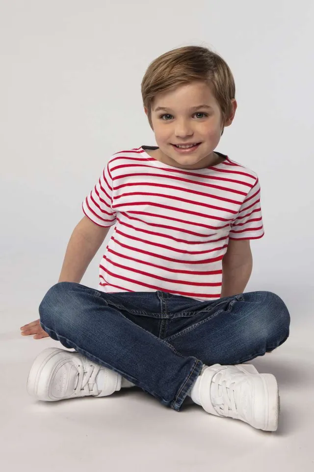 SOL'S Miles Kids - környakas csíkos gyerek póló (01400), modellen